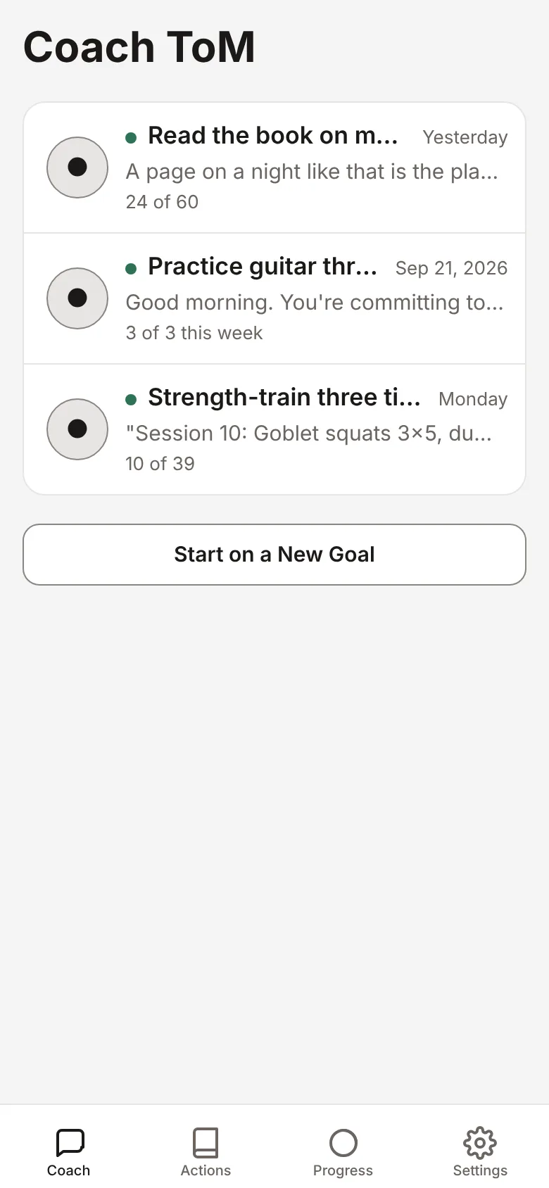 Coach tab: one thread per goal, each with its last line and a quiet progress count