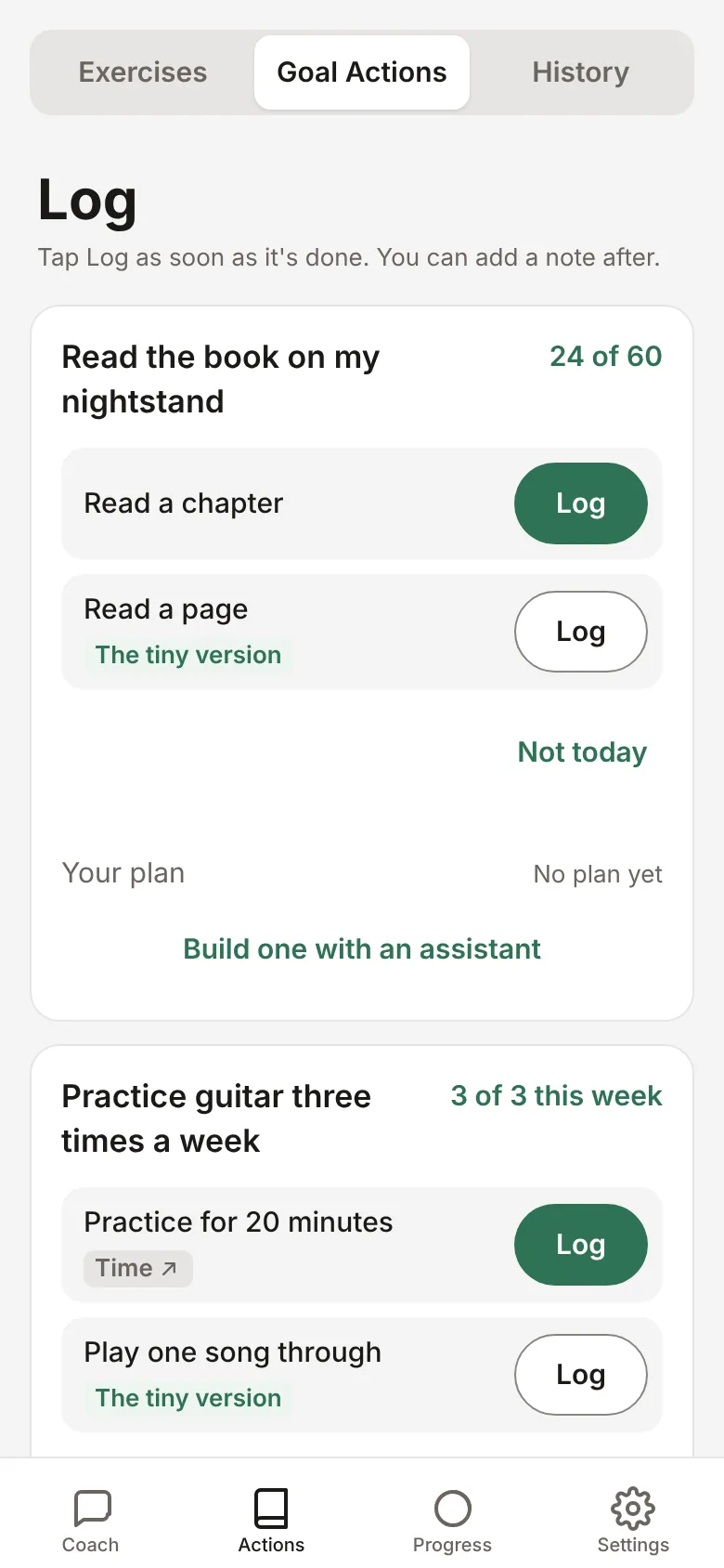 Actions tab: each goal's full action and its tiny version, each with a Log button