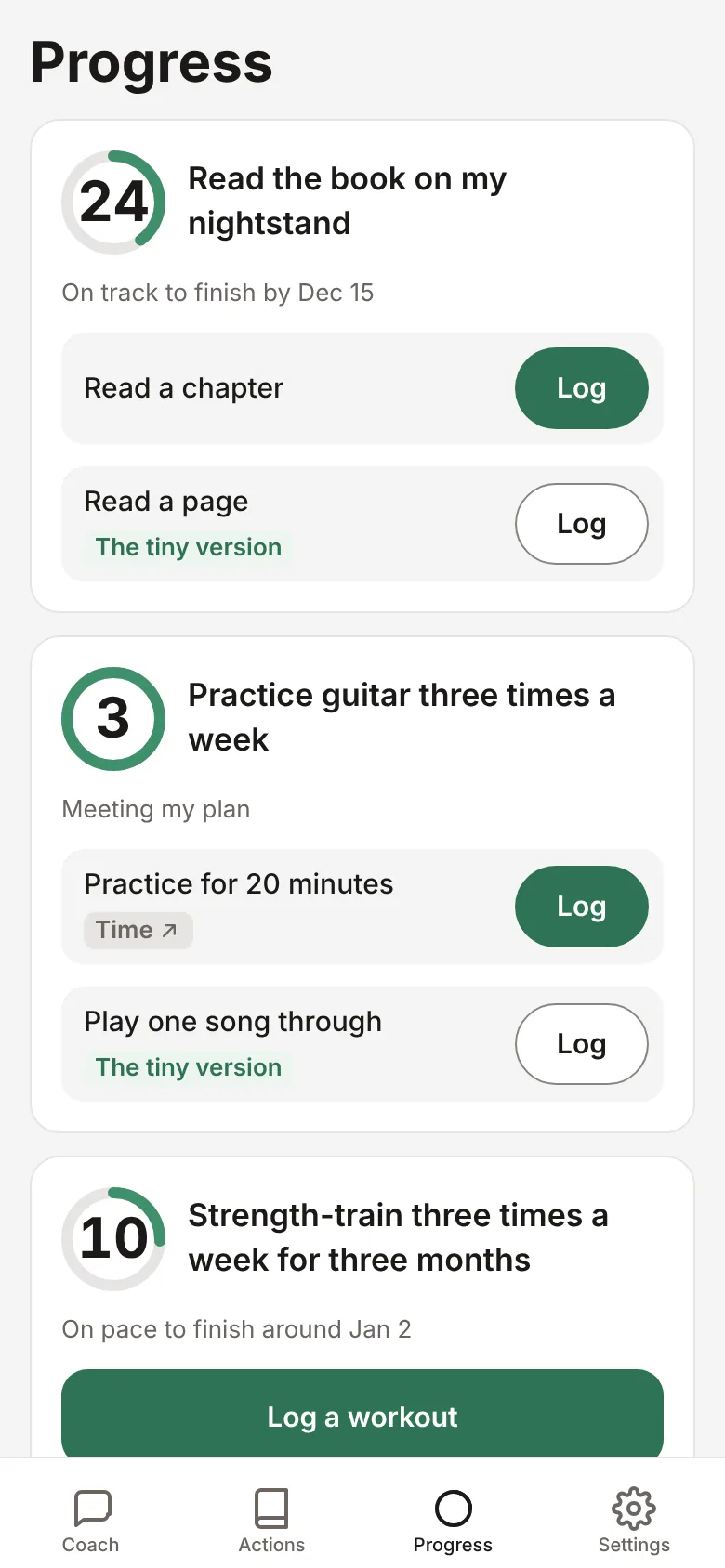 Progress tab: one card per goal with a mini ring and pace line