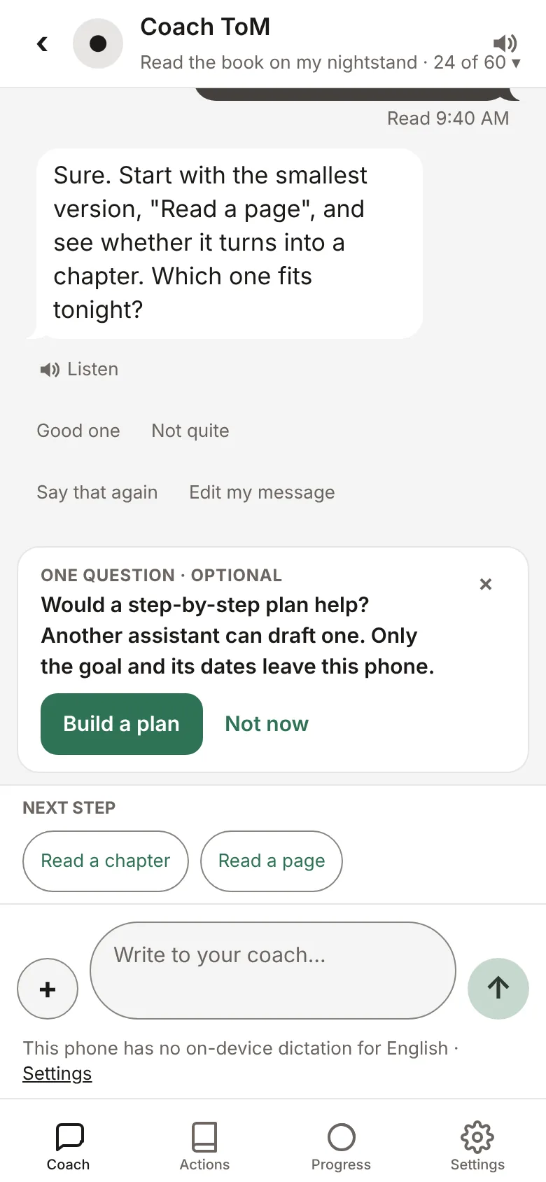 Coach thread after a reply: the coach answers underneath, then an optional one-question card and the next step to pick